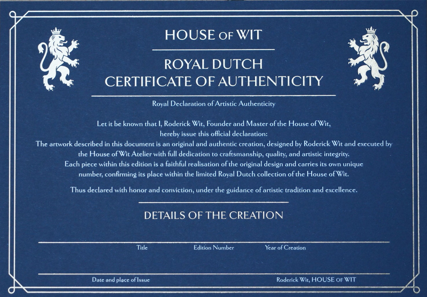 Certificate of Authenticity from House of Wit, featuring edition details and artist certification for the artwork.
