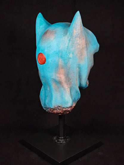 Shadow Knight copper bust – detail shot of oxidation texture and aged patina
