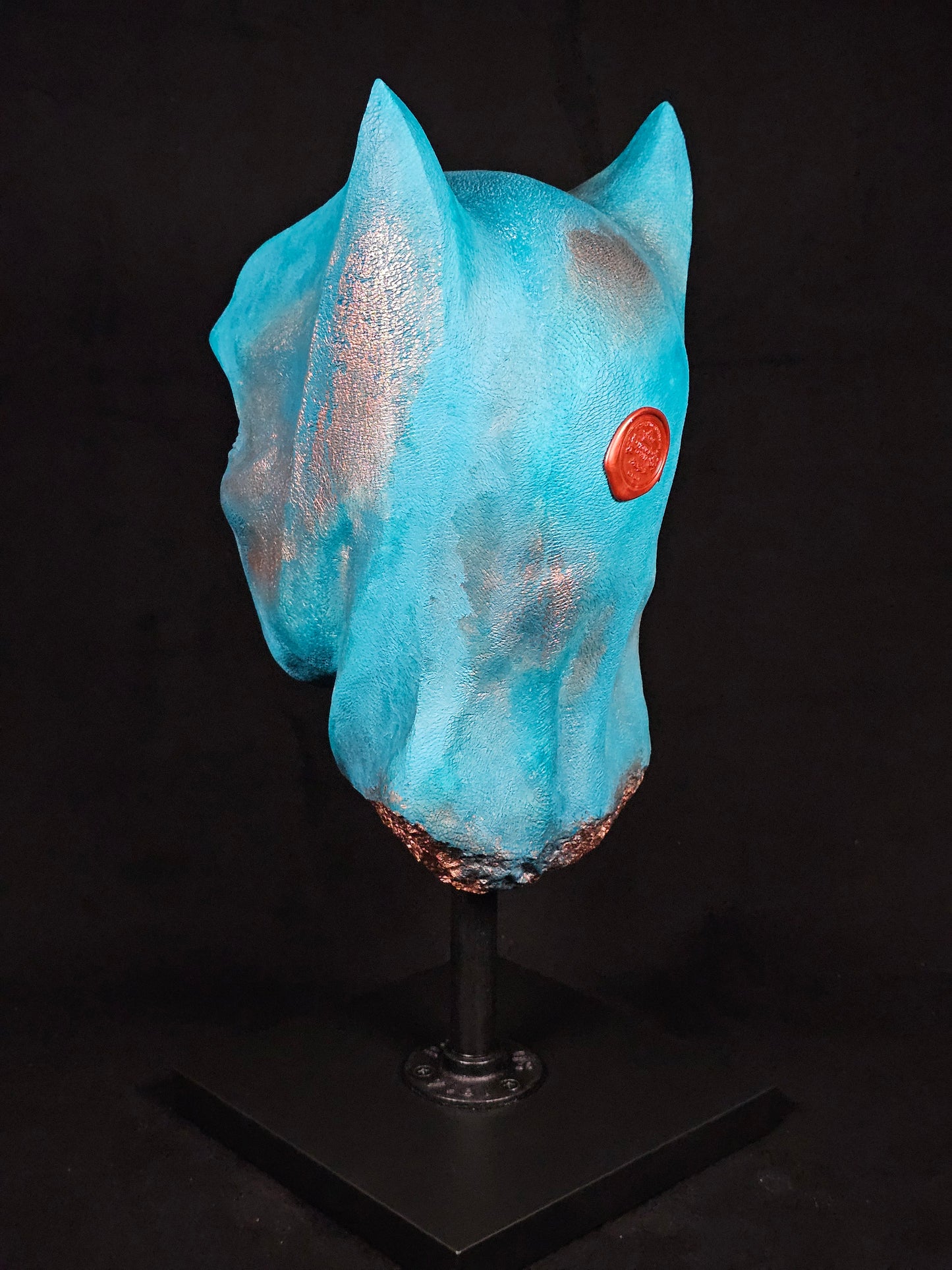 Shadow Knight sculpture – rear view showing skull detail, polymer gypsum composite
