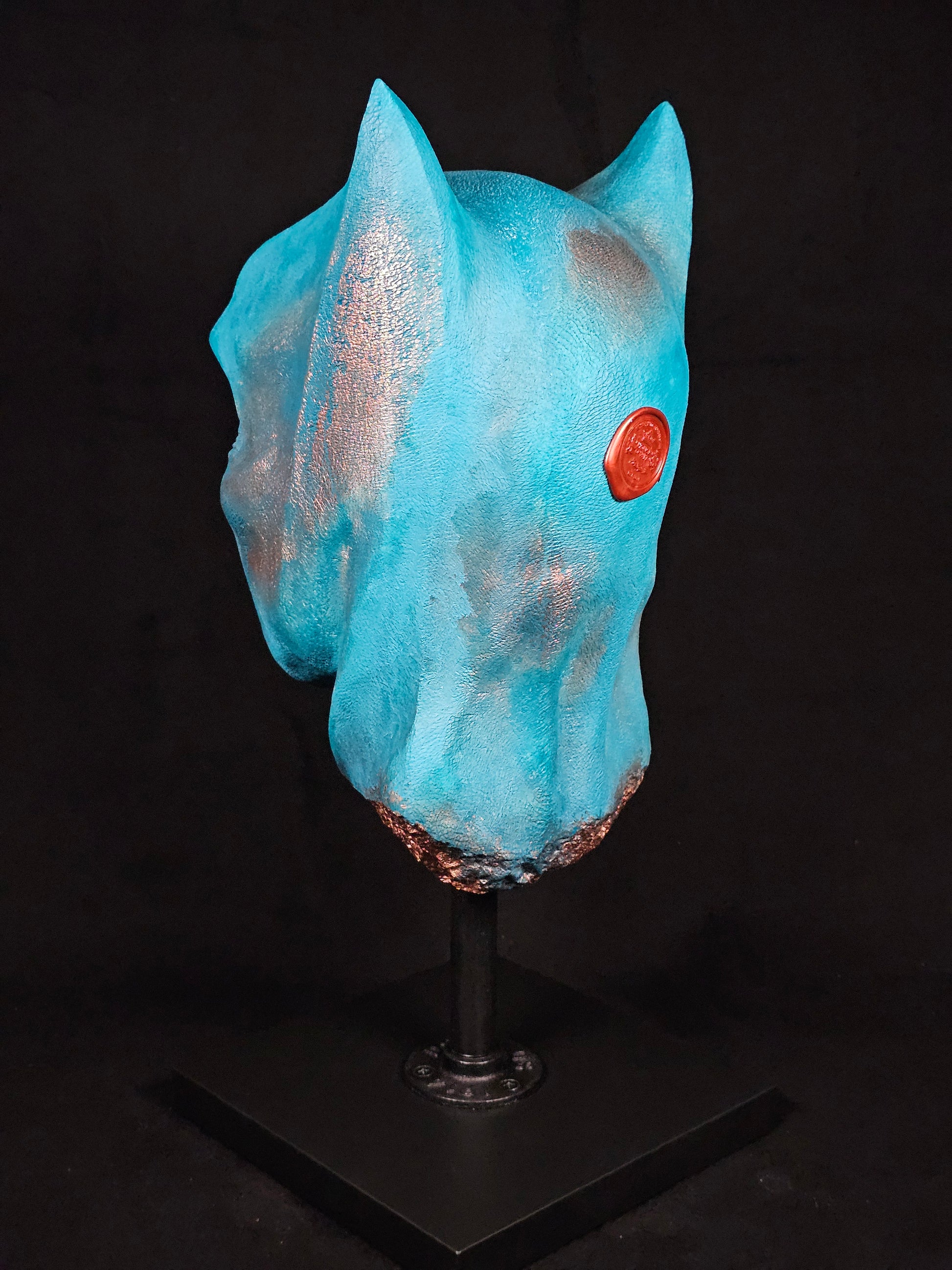 Shadow Knight sculpture – rear view showing skull detail, polymer gypsum composite
