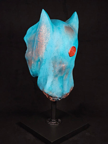 Shadow Knight sculpture – rear view showing skull detail, polymer gypsum composite
