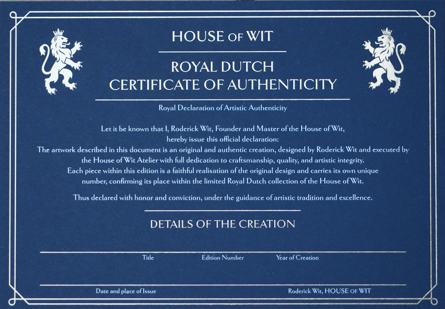Certificate of Authenticity from House of Wit, featuring edition details and artist certification for the artwork.
