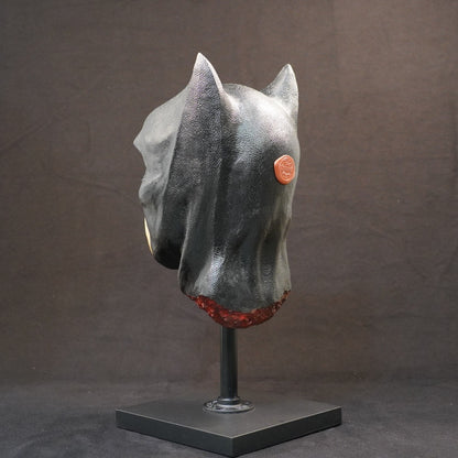 Shadow Knight limited edition resin horse-head sculpture on a pedestal, hand-sculpted and hand-painted.