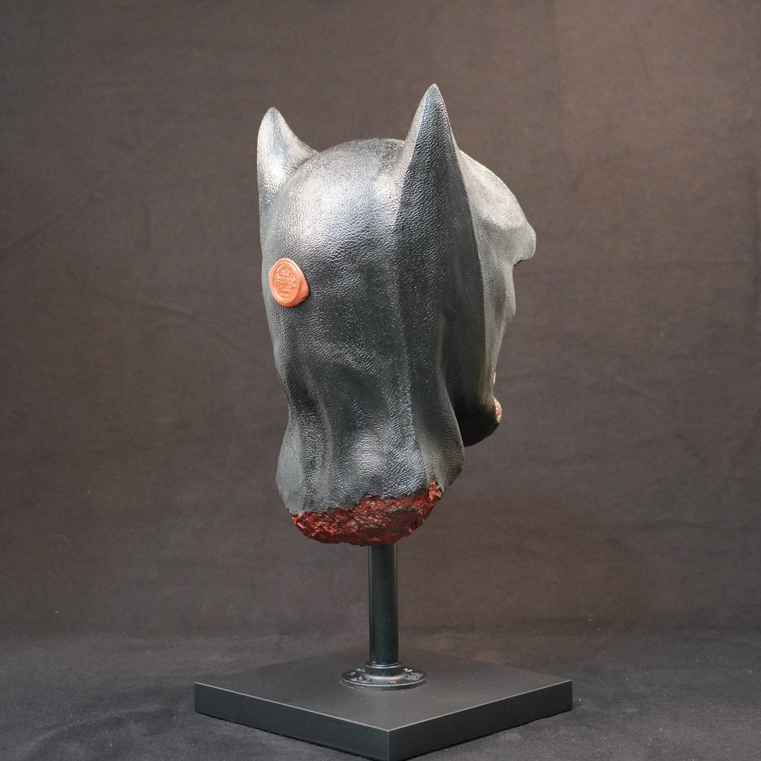 Shadow Knight, limited edition: hand-painted resin horse head sculpture on a stand with a red rocky base.