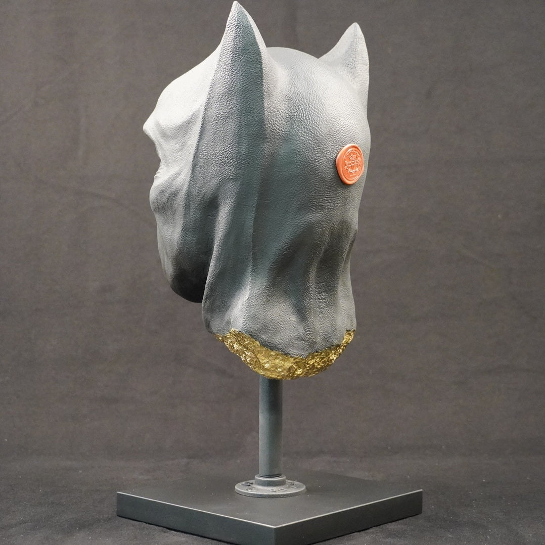 Shadow Knight – Matt Black Gilded, rear-right three-quarter view. Matte black bust with gilded fracture accents visible along the form.