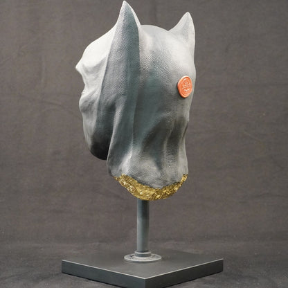 Shadow Knight – Matt Black Gilded, rear-right three-quarter view. Matte black bust with gilded fracture accents visible along the form.